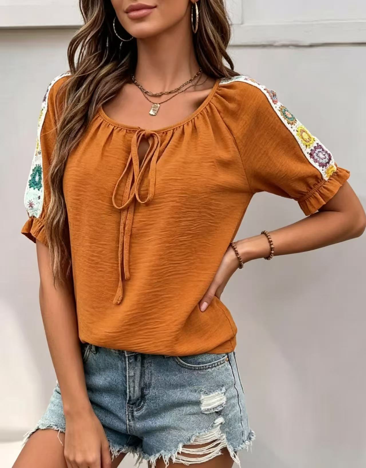 Boho Women's Blouse Tie Front  - Crochet Top Boho recension och pris