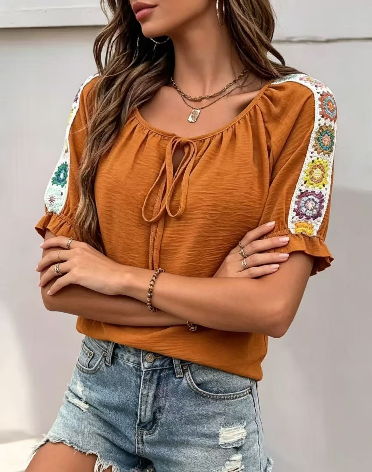 Boho Women's Blouse Tie Front  - Crochet Top Boho recension och pris
